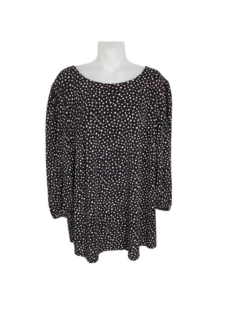 Adrianna Papell Womens Tunic Top Size 1X Black 3/4 Sleeve Black Tan Heart Print
